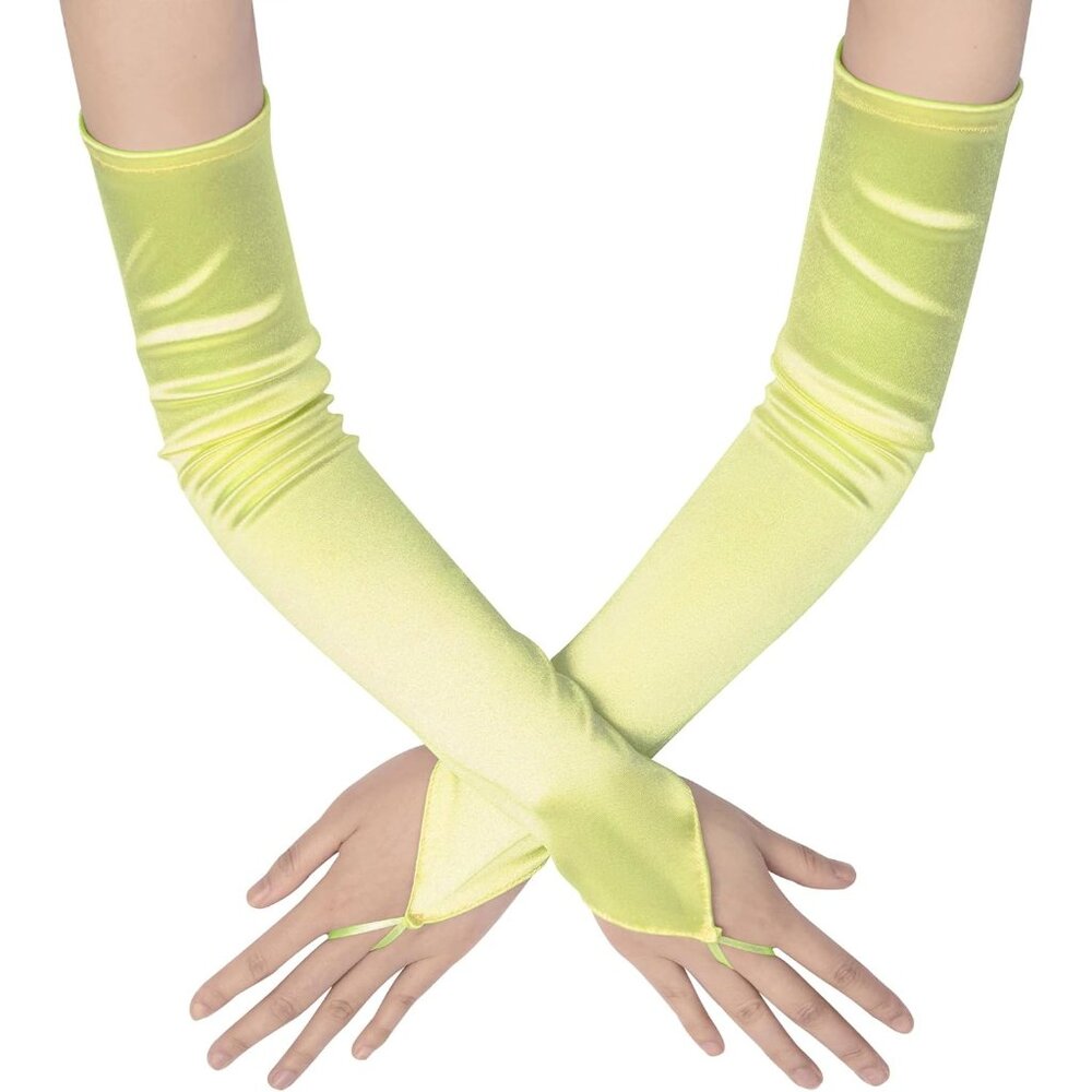 Women's Stretchy Yellow Finger Loop Long Satin Fabric Gloves Opera Party Prom
